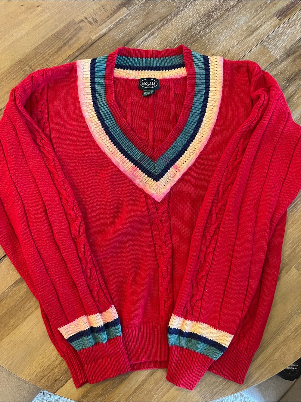 Izod Red V-Neck Cable Knit Sweater with Multicolor Stripe Trim